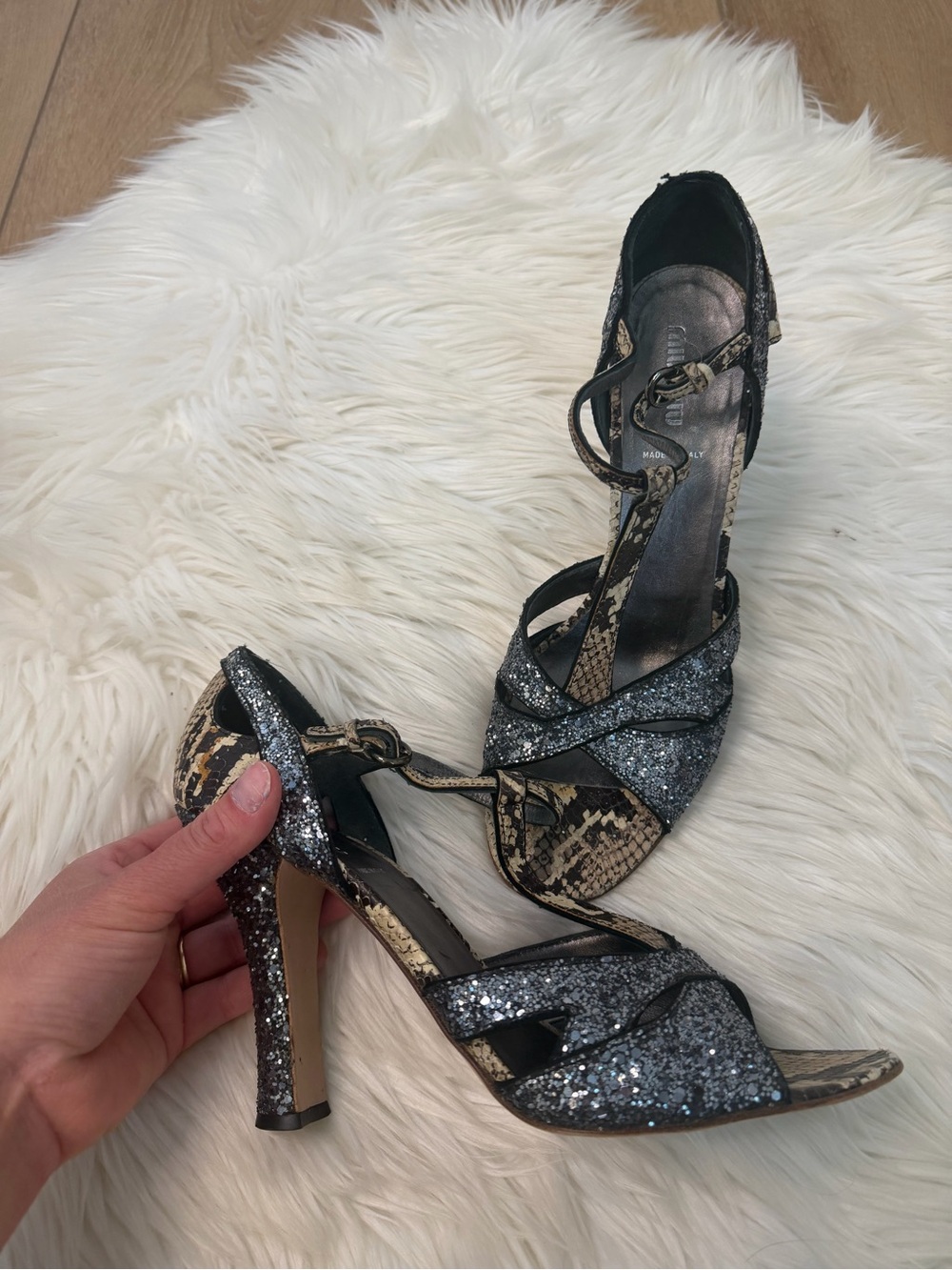 Miu Miu Black Glitter & Snake-Print Strappy Heels Size 40European / US 9